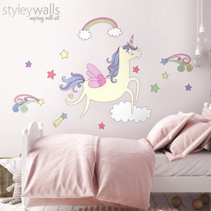 Unicorn Wall Decal, Unicorn Wall Sticker, Rainbow Clouds Wall Decal, Stars Wall Decal, Girls Nursery Decor ,Magical Unicorn Wall Decor