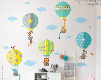 Air Balloons Wall Decal, Hot Air Balloons Wall Sticker, Jungle Safari Animals Wall Decal Sticker, Air Balloons Kids Nursery Baby Room Decor