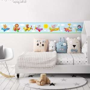 Airplanes Wall Border Decal, Flying Airplanes with Animals Border Wall Decal, Repositionable Vehicles Wall Border, Nursery Boys Room Decor