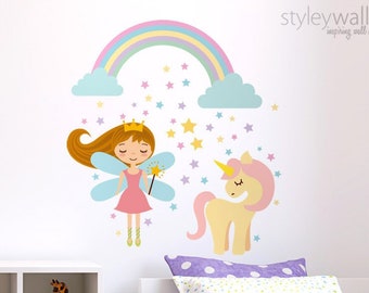 Fairy Wall Decal, Unicorn Wall Decal Sticker, Princess Fairy Wall Decal Decor, Rainbow Wall Decal, Stars Girls Nursery Room Decor Wall Art