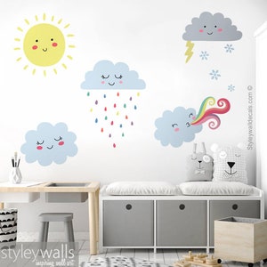 Decalque de parede de nuvens, decalque de parede do tempo, adesivo de parede de nuvens, decalque de parede de gotas de chuva, decalque de parede de sol, decalque de parede de flocos de neve, decoração de berçário