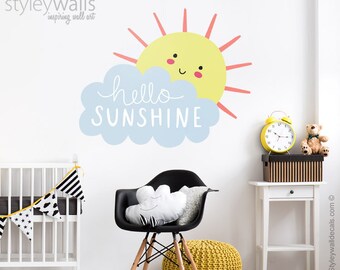 Sun Shine Wall Decal, Sun Wall Decal, Cloud Wall Decal, Hello Sunshine Wall Decal, Smiley Cloud Wall Sticker, Clouds Nursery Wall Decor