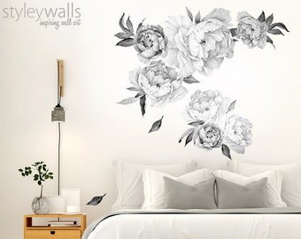 Muursticker pioenrozen, muursticker zwarte en witte pioenrozen, aquarel vintage bloemen pioenrozen pioenroos muursticker, muursticker pioenroos