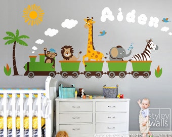 Jungle Animals Train Wall Decal, Safari Animals Wall Sticker, Monkey Zebra Giraffe Elephant Lion Nursery Kids Playroom Room Sticker Decor