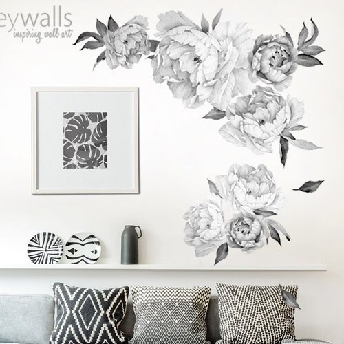 Black & White Peony Flower Wall Decal Vintage Watercolor Etsy