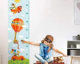 Gráfico de crecimiento de calcomanía de pared de jirafa, pegatina de pared de jirafa, calcomanía de pared de globo aerostático, calcomanía de pared de vehículos de avión aéreo, tabla de altura para niños