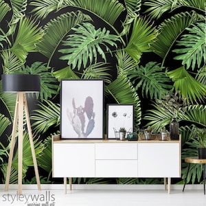 Tropical Leaves Wallpaper, Botanical Tropic Leaves Wallpaper, Green Leaves Mural, Leaf Pattern Wallpaper, Repositionable Fabric Wallpaper