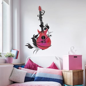 Calcomanía de pared de guitarra eléctrica, pegatina de pared de guitarra roja, calcomanía de pared de habitación para adolescentes, calcomanía de pared de banda de rock, calcomanía de pared de música rock and roll