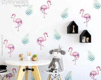 Flamingo Wall Decal, Watercolor Flamingo Wall Sticker, Flamingo Wall Decor, Tropical Leaves Wall Decal Sticker, Living Room Home Decor