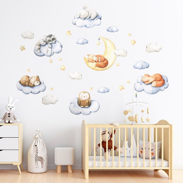 Cute Animals Wall Decal, Sleeping Animals Clouds Moon and Stars Wall Decal, Woodland Forest Animals Wall Decal Kids Nursery Baby Room Decor