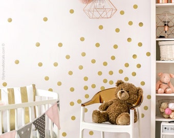 Gold Polka Dots Wall Decal, Golden Confetti Wall Decal, Metallic Gold Polka Dots Pattern Wall Decal, Circles Nursery Kids Room Wall Decals