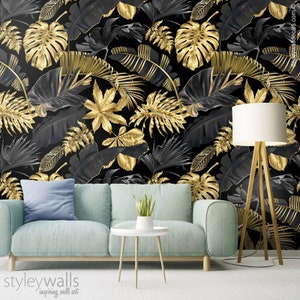 Gold Tropische Blätter Tapete, Botanische Tropic Blätter Tapete, Gold Blätter Wandbild, Blatt Muster, neu positionierbare StoffTapete