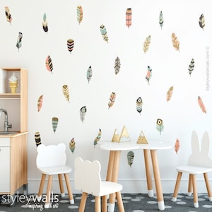 Calcomanía de pared de plumas, pegatinas de pared de plumas, decoración de pared de plumas, pegatina de calcomanía de pared tribal, decoración de vivero de plumas, decoración de la habitación de los niños de la guardería