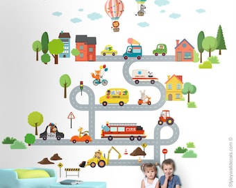 Transportation Wall Decal, Vehicles Cars and Animals Wall Sticker, Animals City Wall Decor, Roads Fire Truck Air Balloons Ambulance Bus