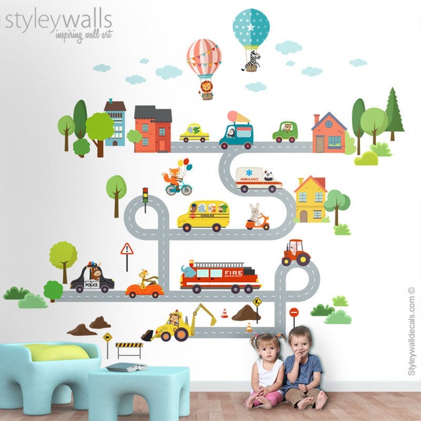 Transportation Wall Decal, Vehicles Cars and Animals Wall Sticker, Animals City Wall Decor, Roads Fire Truck Air Balloons Ambulance Bus