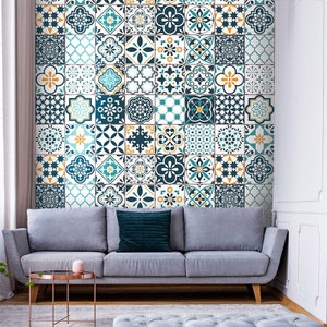 Lissabon Fliesen Tapete, Portugal Azulejo Fliesen Tapete, geometrische azulejo Muster Tapete, marokkanische Fliesen, neu positionierbarer Stoff