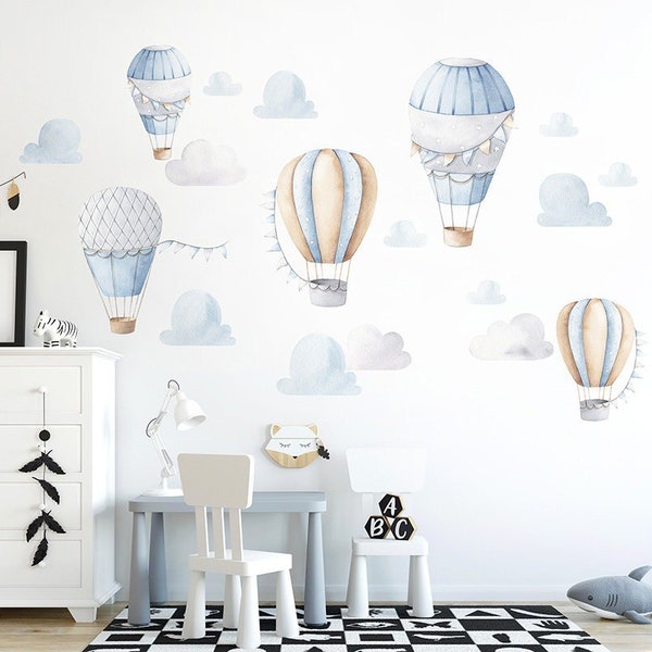 Blue Air Balloons Wall Decal, Hot Air Balloons Clouds Wall Decal Sticker Air Balloons Boys Nursery Room Decor Wall Art, Nursery Wall Decor