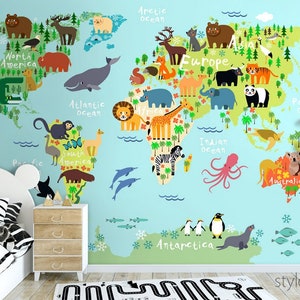 Carte du monde Murale, Fond d’écran de carte pour enfants, Carte de mots avec des animaux Fond d’écran, Carte avec des animaux pour enfants Décoration de crèche, Peel and Stick Fabric