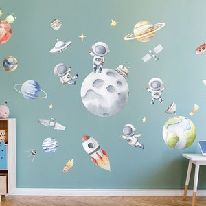 Space Wall Decal, Planets Wall Decal, Watercolor Outer Space Wall Sticker, Solar System Earth Moon Decal, Rocket Spaceship Kids Room Decal image 1