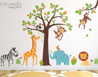 Jungle Wall Decal, Safari Wall Decal, Jungle Animals Wall Sticker, Safari Animals Sticker, Monkey Zebra Giraffe Lion Elephant Nursery Decor