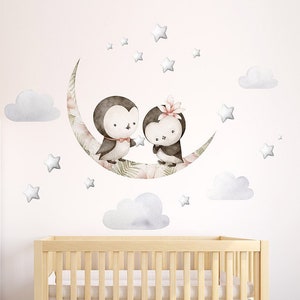 Penguins Wall Decal, Moon and Stars Wall Decal, Clouds Wall Decal, Penguins Wall Sticker, Watercolor Wallsticker for Kids Room Nursery