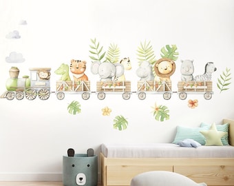 Trein muur sticker, Safari dieren muur sticker, Jungle dieren muur sticker, Safari dieren muur sticker, aquarel Jungle kwekerij decor