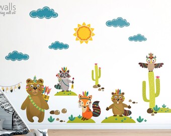 Calcomanía de pared de animales del bosque, calcomanía de pared de animales tribales, pegatina de calcomanía de pared de animales del bosque, decoración de pared de bichos del bosque, decoración de habitación tribal
