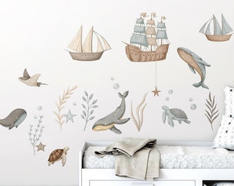 Nautical Wall Decal, Whales Wall Decal, Ships Wall Sticker, Under the Sea Wall Decal, Sea Life Sea Creatures Moon and Clouds Wall Decal