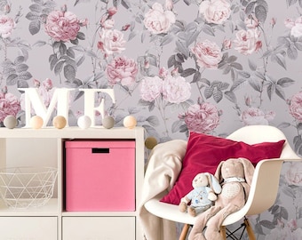 Papel pintado floral, papel tapiz de flores, papel tapiz de rosas Flores de jardín Vintage Reposiable Fabric Self Adhesive Wallpaper