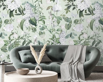 Florale Tapete, Weiße Blumen Tapete, Gartenblumen Tapete, neu positionierbare Stofftapete, florale selbstklebende Tapete