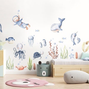 Under the Sea Wall Decal, Fishes Wall Decal, Watercolor Underwater Sticker, Sea Life Sea Creatures Wall Decal, Aquarium Nursery Sticker image 2