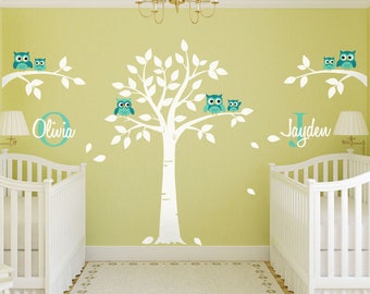 Owls Wall Decal, Owls and Tree Wall Decal for Twins Nursery, Tree with Owls Wall Sticker, Personalized Custom Name and Initial Wall Decal