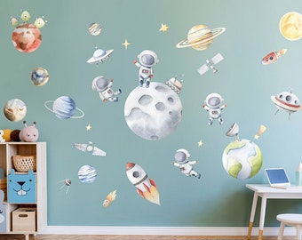 Space Wall Decal, Planets Wall Decal, Watercolor Outer Space Wall Sticker, Solar System Earth Moon Decal, Rocket Spaceship Kids Room Decal