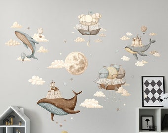 Whales Wall Decal, Ocean Wall Decal, Vintage Hot Air Balloons Decal, Sealife Wall Stickers, Moon and Stars Wall Decal, Nursery Wall Sticker