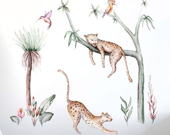 Cheetah Wall Decal, Tropical Animals Wall Decal, Jungle Animals Wall Decal, Safari Animals Wall Decal, Exotic Savana Animals Watercolor