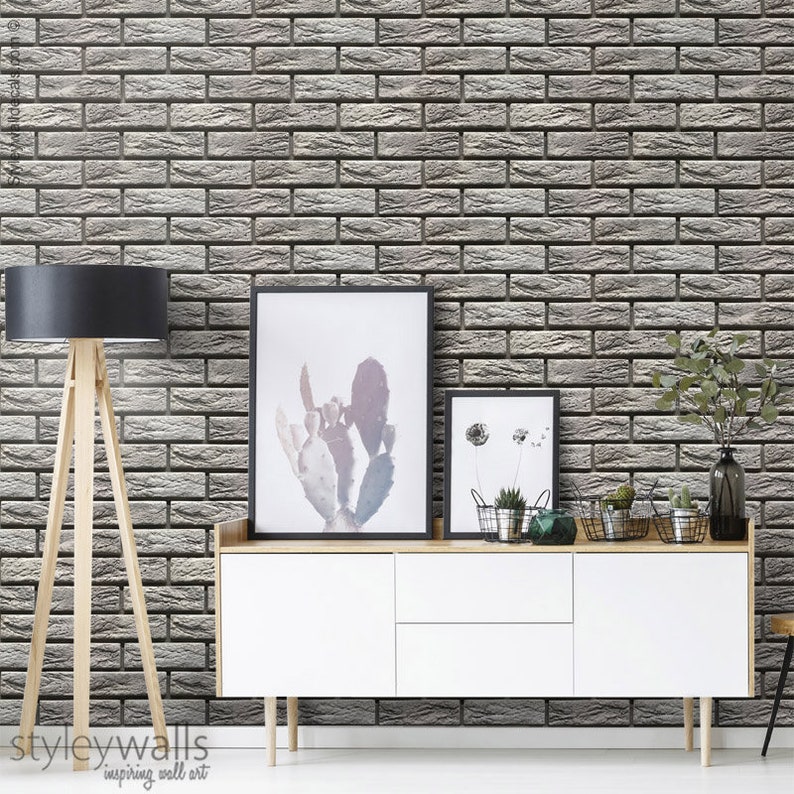 Bricks Wallpaper Gray Brick Pattern Wallpaper Grey Realistic Etsy