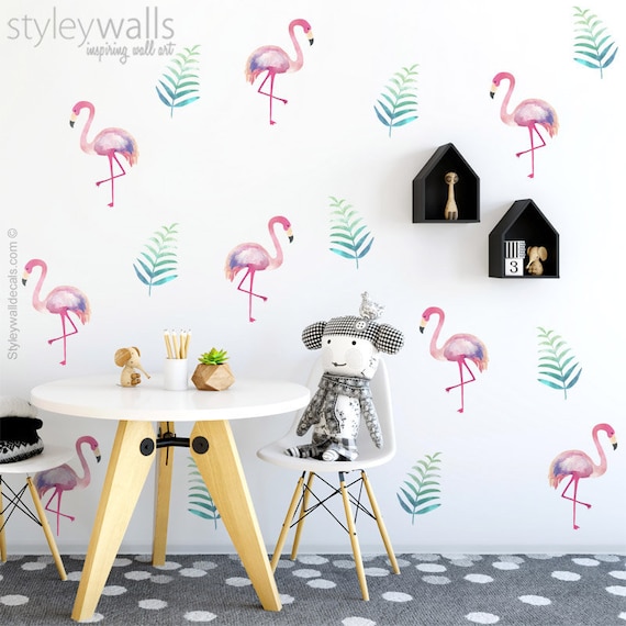 Flamingo Wall Decal, Watercolor Flamingo Wall Sticker, Flamingo Wall Decor, Tropical Leaves Wall Decal Sticker, Living Room Home Decor