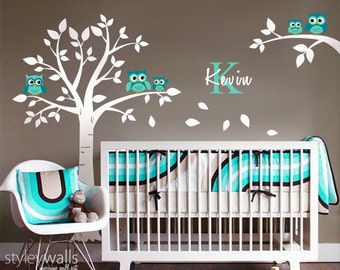 Eulen Baum Wandtattoo, Kinderzimmer Wandtattoo, Eulen und Baum Wandtattoo für Baby Zimmer Dekor, Eulen und Baum Personalisierte Anfangsname Wand Aufkleber