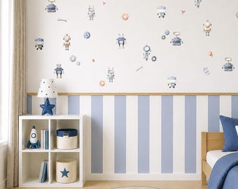 Robot Nursery Wall Decor Bundle, Peel & Stick Wall Stripes, Chair Rail Molding, Robot Wall Decals, DIY Kids Room Accent Wall Kit