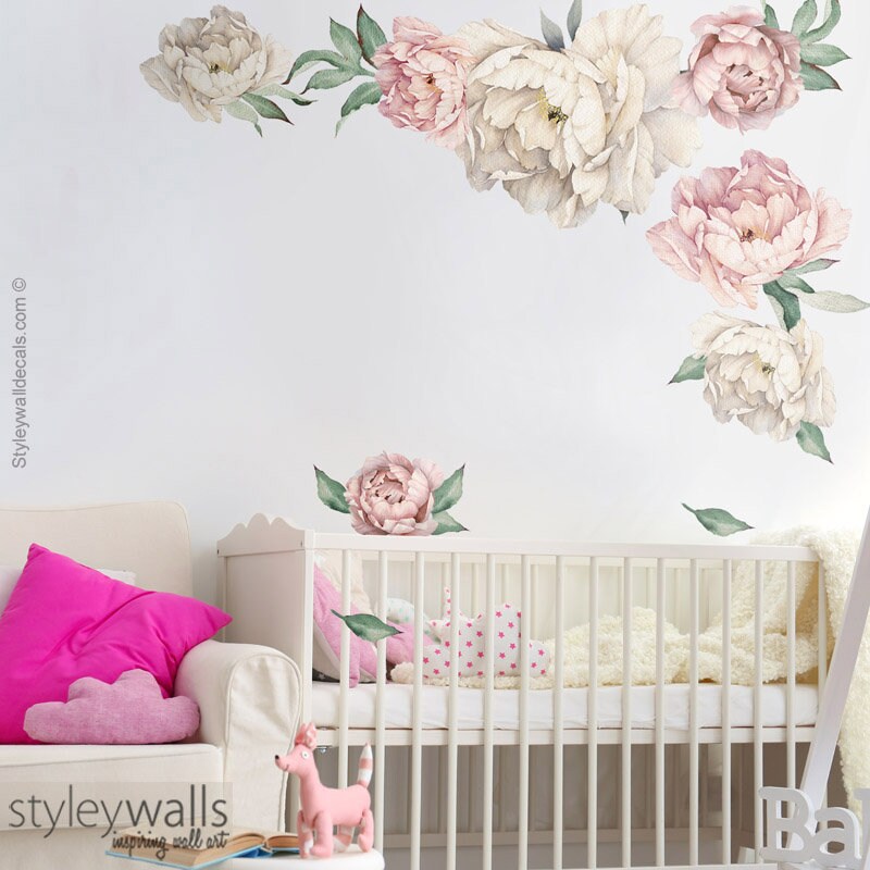 Peony Flowers Wall Decal, Watercolor Peonies Wall Decal, Vintage ...