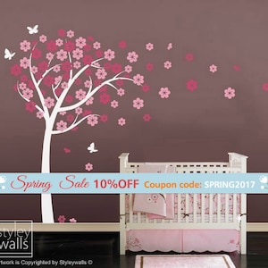 Cherry Blossom Tree-Tree Wall Decal Sticker -Nursery Vinyl Wall Decal- Flowers Cherry Tree with Butterflies - Wall Decor Blossom Wall Decal