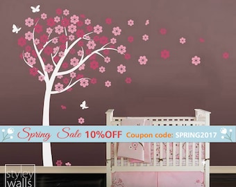 Cherry Blossom Tree-Tree Wall Decal Sticker -Nursery Vinyl Wall Decal- Flowers Cherry Tree with Butterflies - Wall Decor Blossom Wall Decal