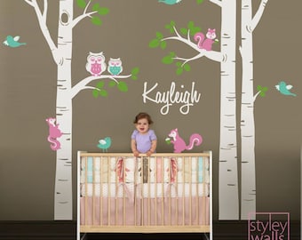 Birch Trees Wall Decal for Nursery, Birch Trees and Personalized Name Decal, Forest Animals Owls Squirrels Birds Baby Room Decor Wall Decal