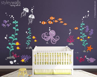Ocean Wall Decal, Under the Sea Wall Decal, Underwater Wall Decal, Sea life Creatures Wall Decal, Aquarium Fishes Nursery Wall Decal