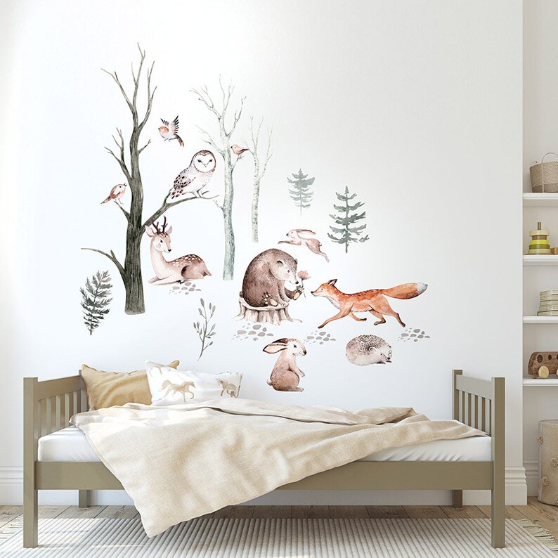 Watercolor Woodland Animals Wall Decal, Forest Animals With Trees Wall ...