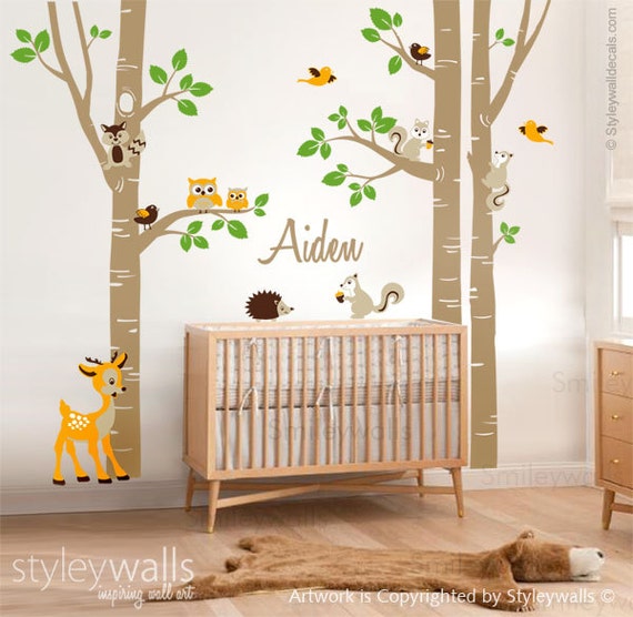 Squirrel Fox Monkey Kids Wall Stickers Tree Woodland Animals and Safari Animals Owls Removable and Repositionable for Kids Bedroom Walls Giraffe & Elephant 