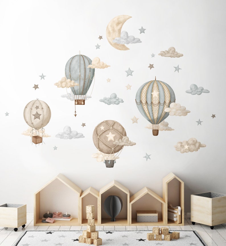 Hot Air Balloons Wall Decal, Watercolor Air Balloons Sticker for Nursery, Vintage Air Balloons Decal, Moon and Stars Peel and Stick Stickers image 1