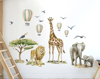 Safari dieren muur sticker, jungle dieren muur sticker sticker, savanne muur sticker, aquarel leeuw, olifanten, giraffe, luchtballonnen