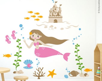 Mermaid Wall Decal, Mermaid Nursery Sticker, Sea Castle Wall Decal, Underwater Wall Decal, Ocean Wall Decal, Fishes Wall Decal Nursery Decor