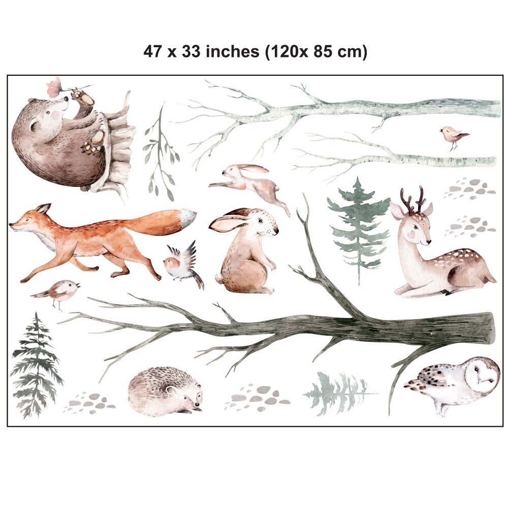 Watercolor Woodland Animals Wall Decal, Forest Animals With Trees Wall ...